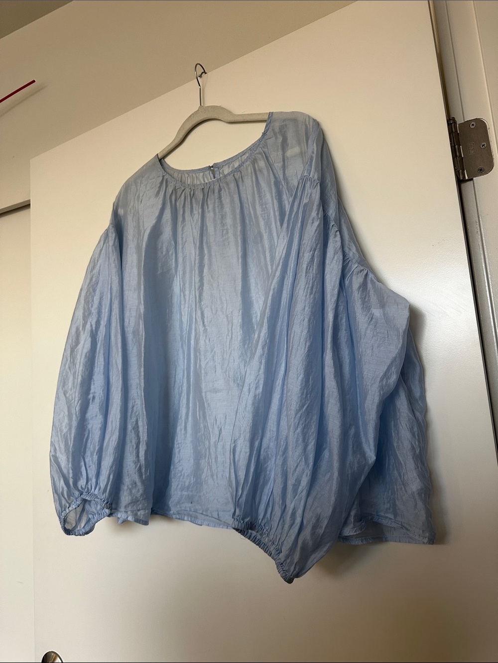 Light Blue Sheer Blouse - Relaxed Balloon Sleeve Top